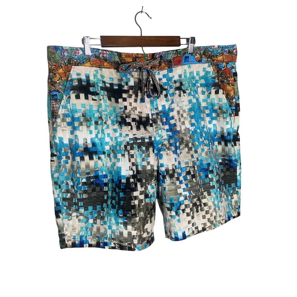 Robert Graham Swim Trunks Mens 42 Blue Pixelated Digital Print Board Shorts